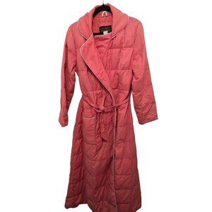 Vintage Eddie Bauer Y2K 80s Coral Quilted Long Robe White Piping & Attached Belt